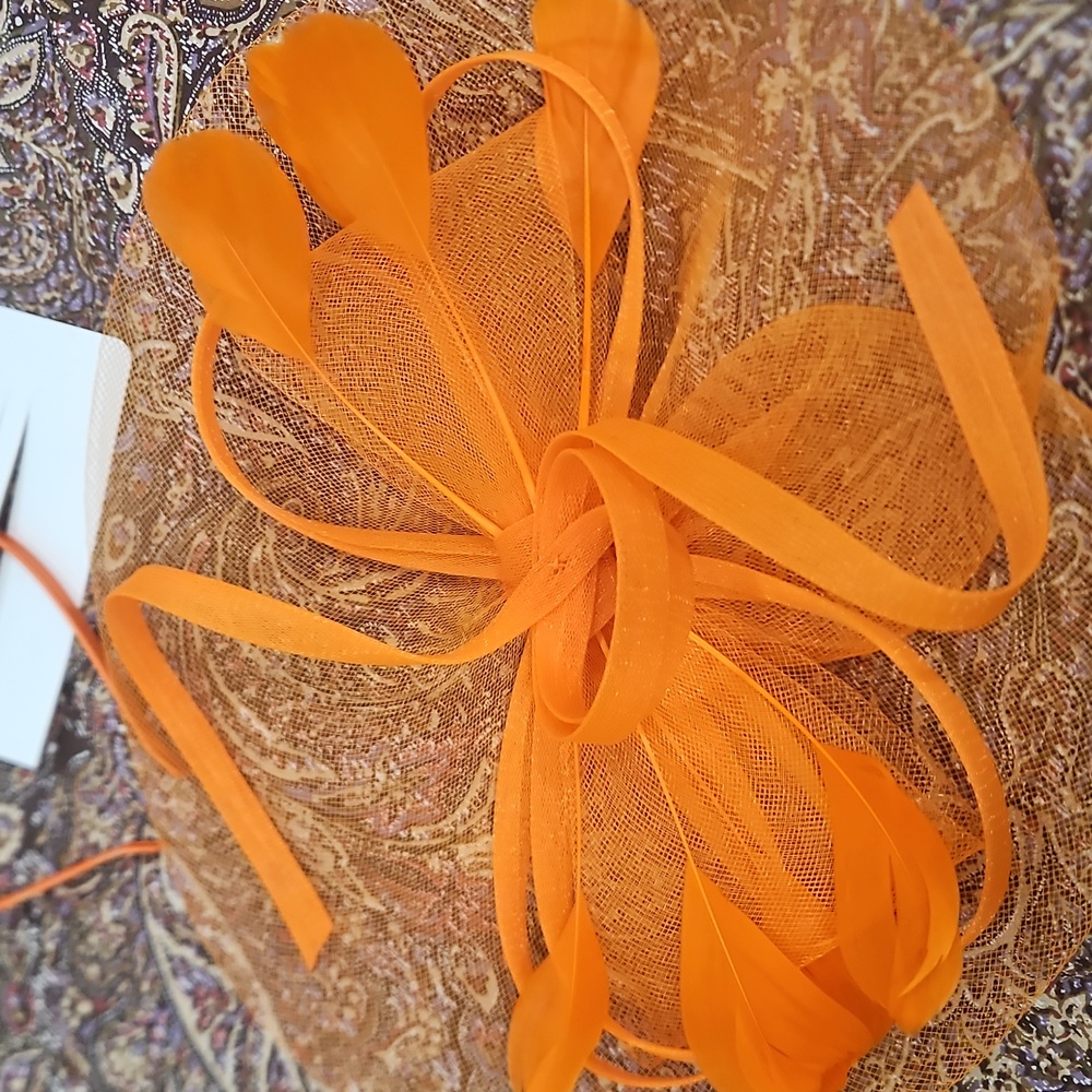 NWT ORANGE FASCINATOR Hat Headband Clip Derby Church Tea Hair Accessory - Picture 8 of 8